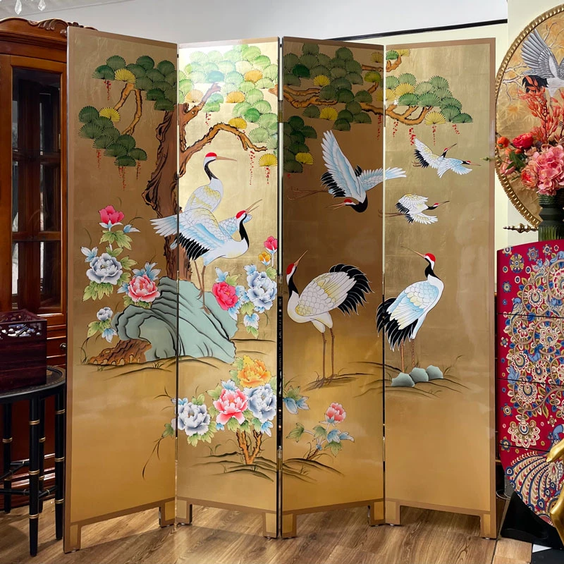 新中式手绘大师款金箔仙鹤四折屏风房间家用客厅
