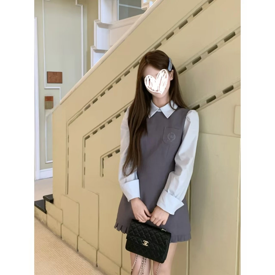 [通勤半径]学院少女假两件 撞色立裁显瘦百褶连衣裙Y3881