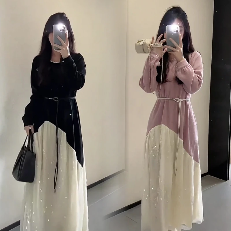 法式中长款假两件丝绒连衣裙女2025春季新款富家千金风收腰a字裙