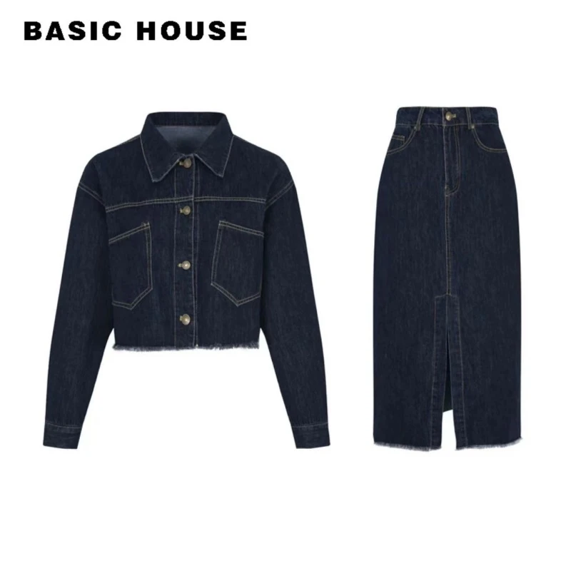 Basic House/百家好TS复古潮流牛仔外套开衩半身裙套装DC3001001