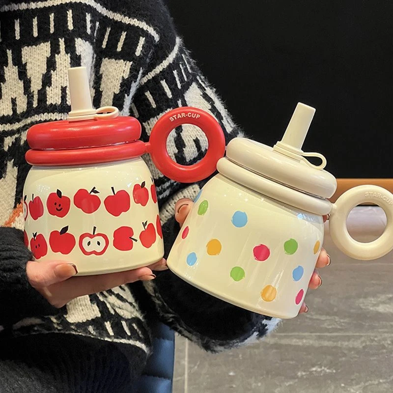 桌面保温杯女生高颜值手持水杯办公室咖啡泡茶杯家用吸管杯子学生