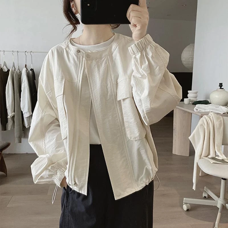 韩版简约风圆领宽松显瘦口袋设计感薄款外套女2025夏高级感上衣