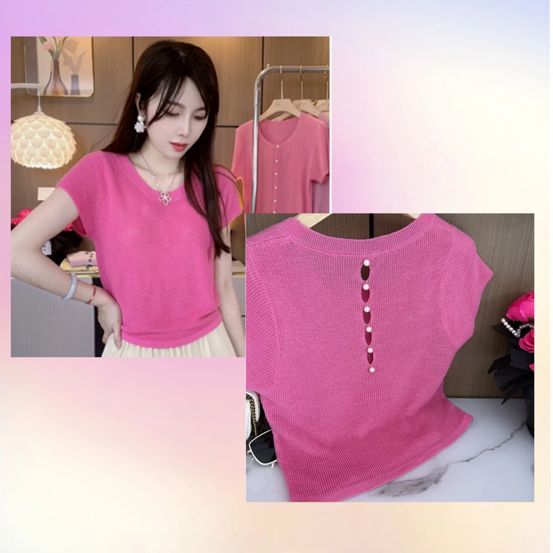 2025夏季新款重工针织衫设计感后背珍珠扣修身粉色独特毛衣女秋冬