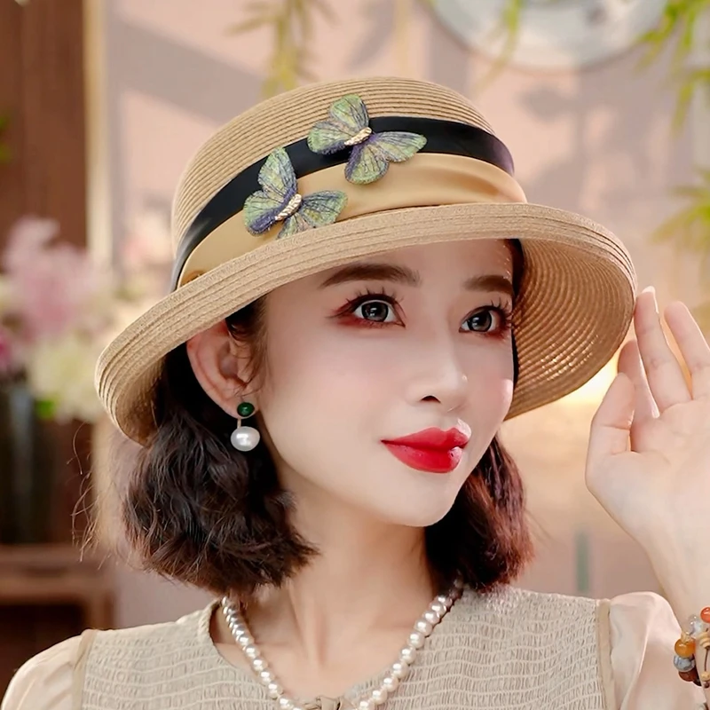 布塔赫本风草帽时尚百搭蝴蝶小香风遮阳帽海边太阳帽百搭PT1294