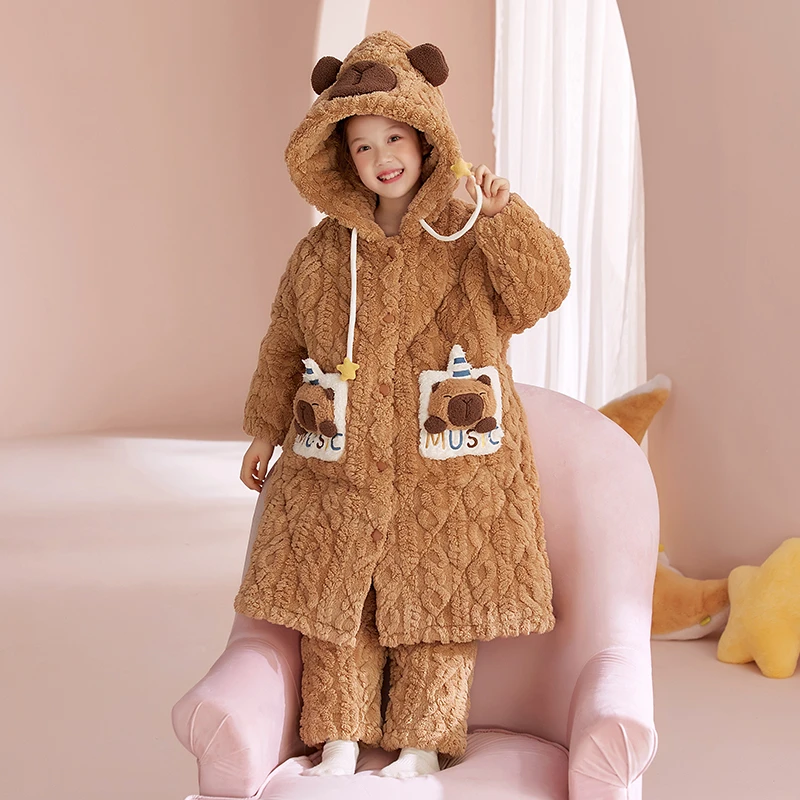 冬款儿童睡衣女童2025冬季加厚加绒三层夹棉套装中大童母女装睡袍