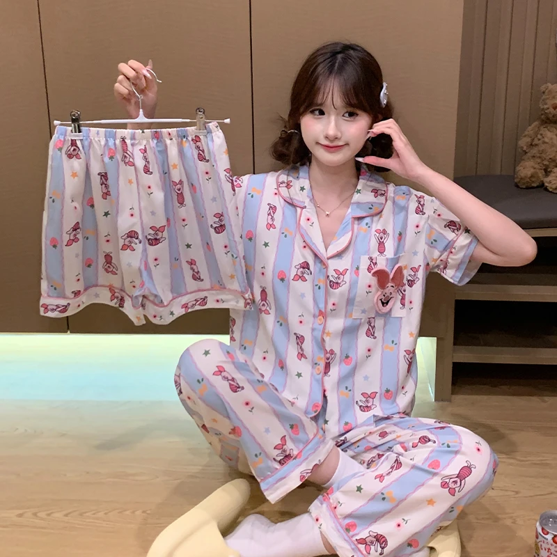 套装睡衣大码家居服夏季薄款宽松卡通女士甜美网红休闲印花冰雪丝