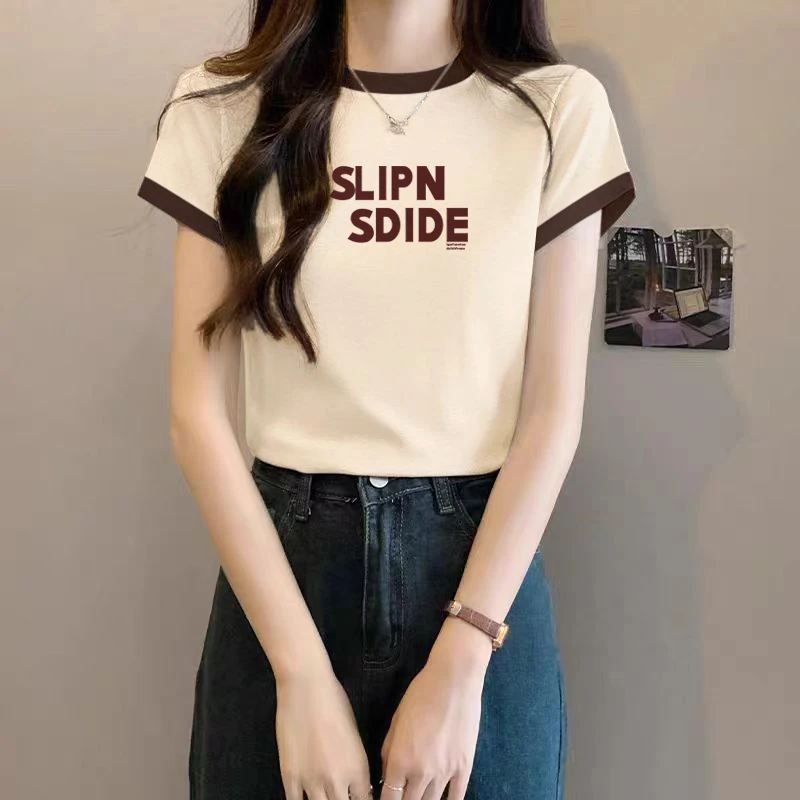 正肩短袖t恤女甜辣上衣短款夏季新款洋气设计卡腰感小个子小众
