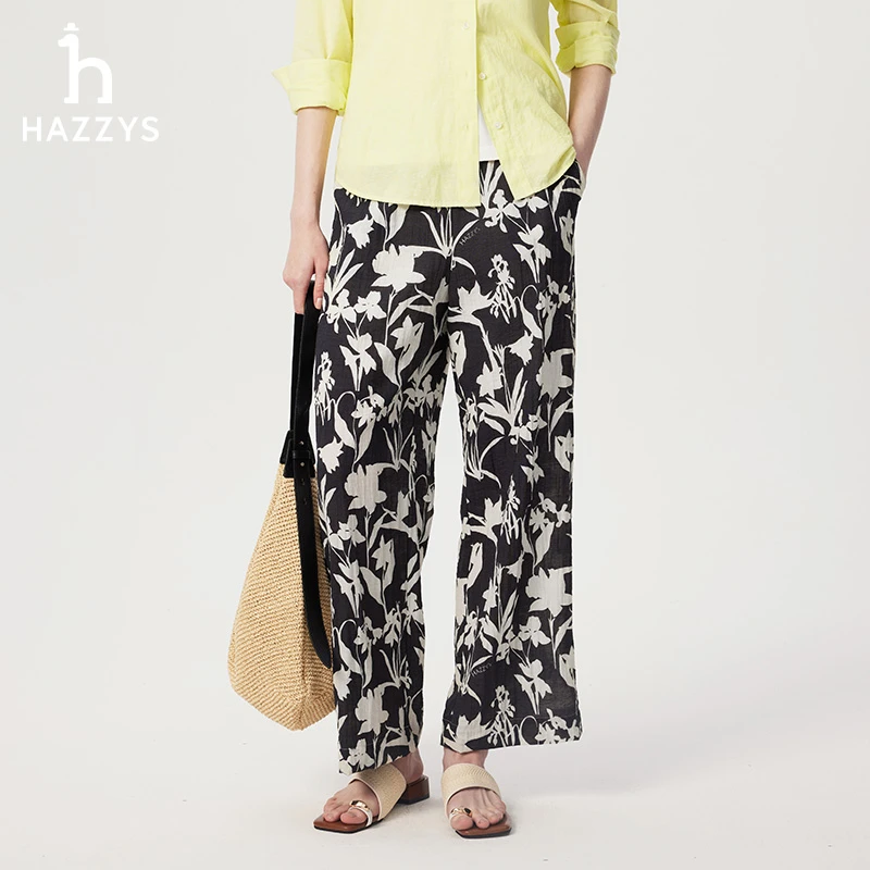 【商场同款】Hazzys哈吉斯女士春夏季薄款阔腿裤直筒复古碎花休闲裤