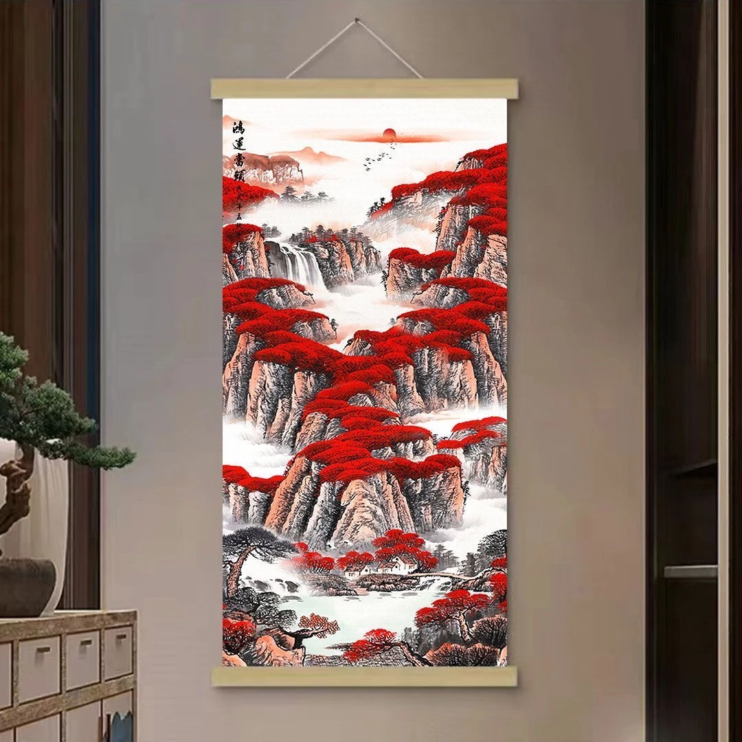 新中式山水布艺挂画沙发背景墙遮瑕挂画免打孔客厅卧室入户玄关画
