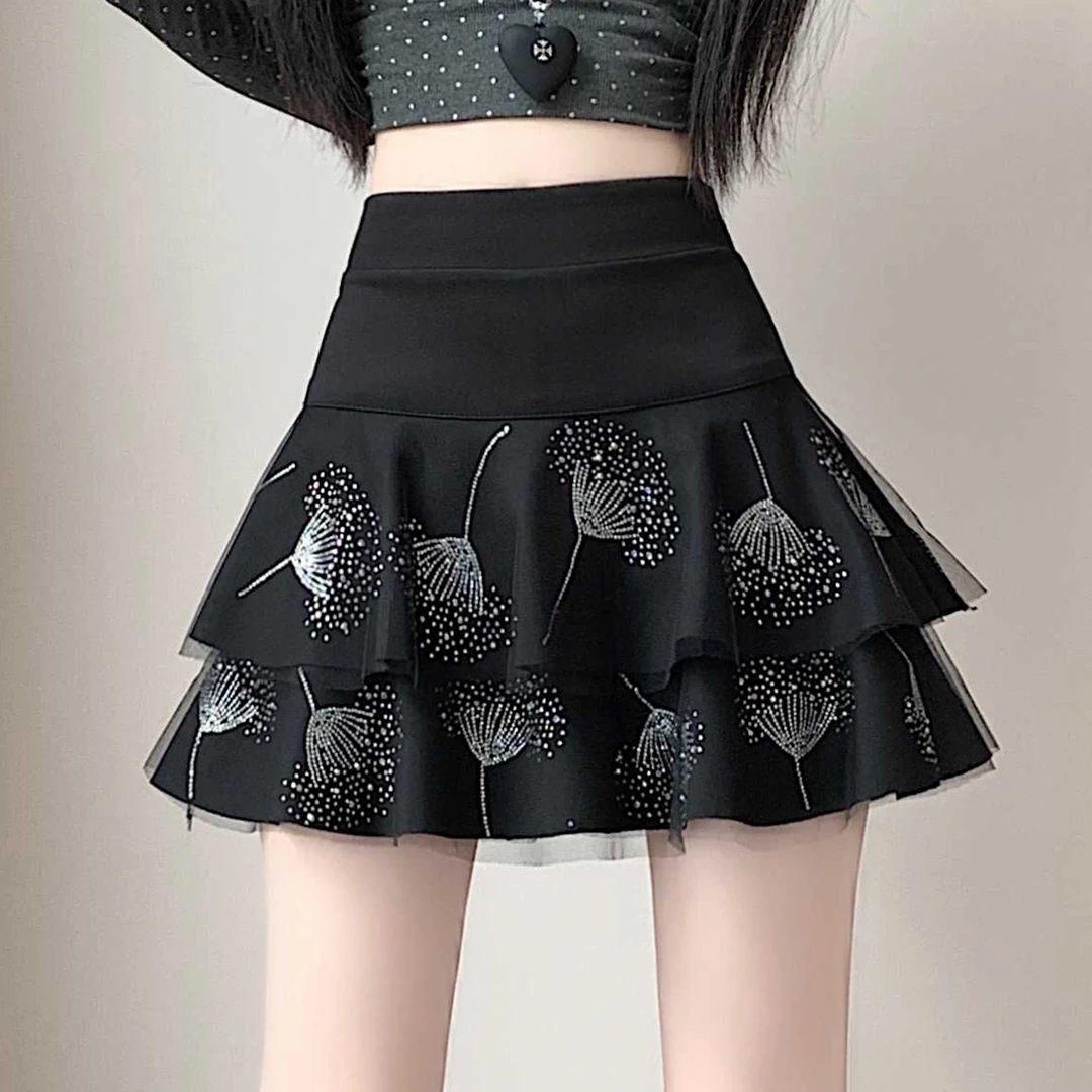 2025新款秋冬百搭松紧腰烫钻个性蛋糕裙不规则时尚潮流荷叶边短裙