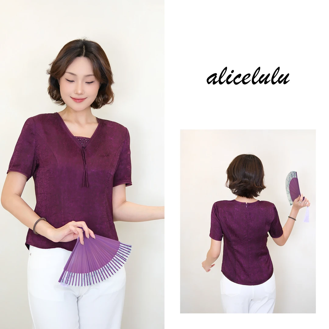 2 alicelulu新款洋气V领短袖衬衫减龄显瘦上衣S2143175L