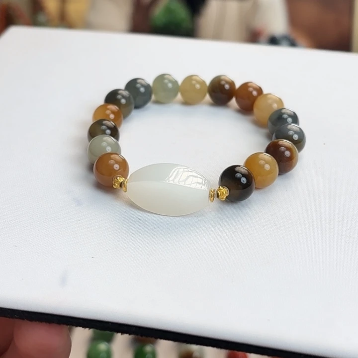 和田玉（青白玉）18K金镶嵌手链