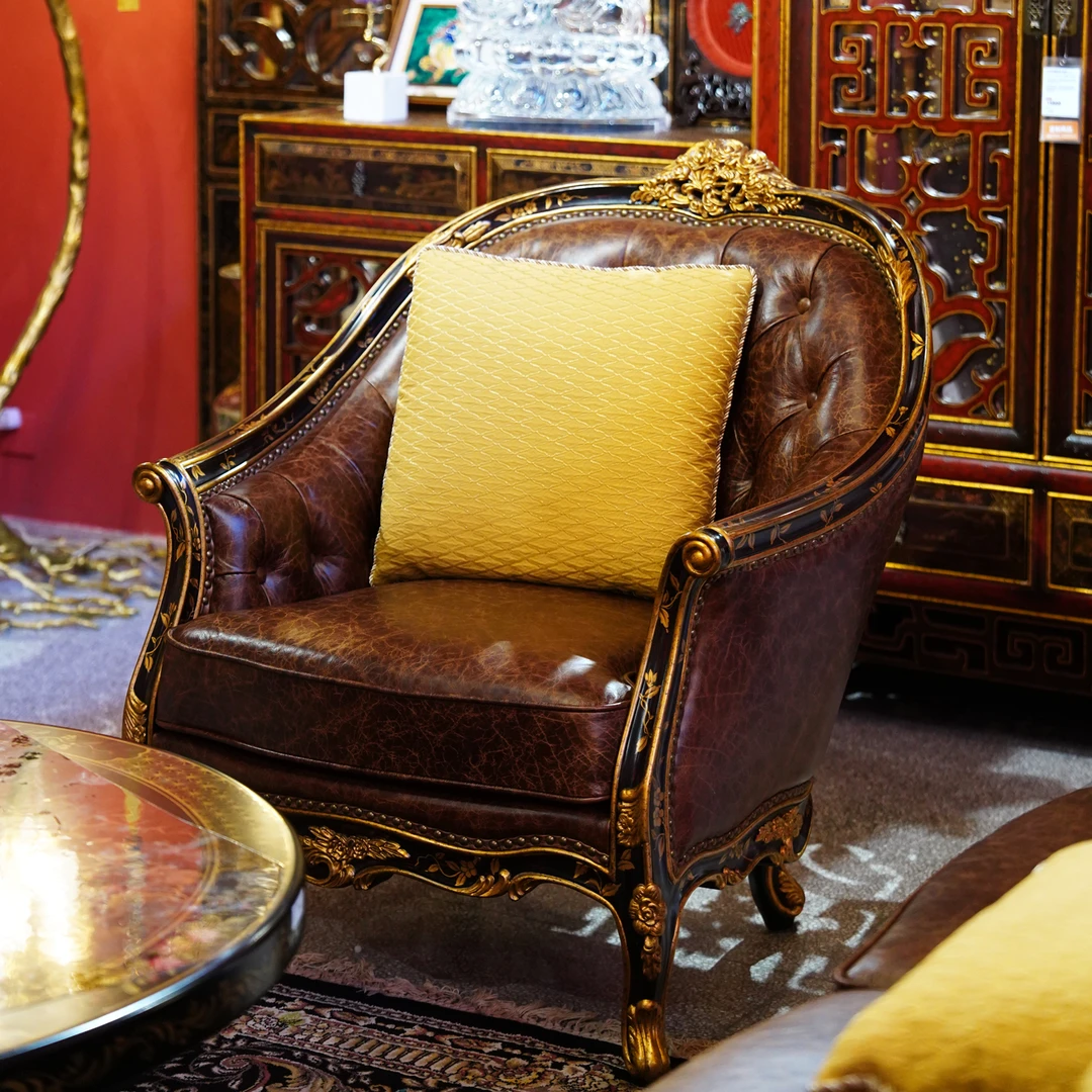 【本尼家】YS107法式中国风仿古刮花黑彩绘花卉图案单人位沙发