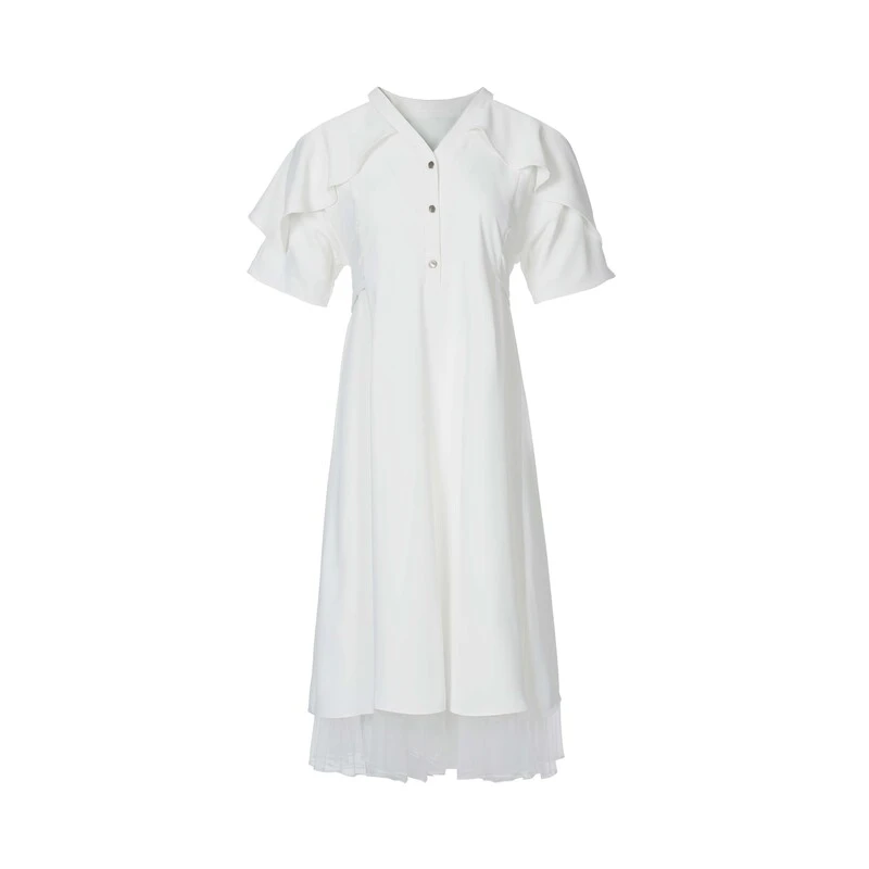 sdeer圣迪奥女装V领露肩气质显瘦荷叶边网纱白色连衣裙S232Z12X3