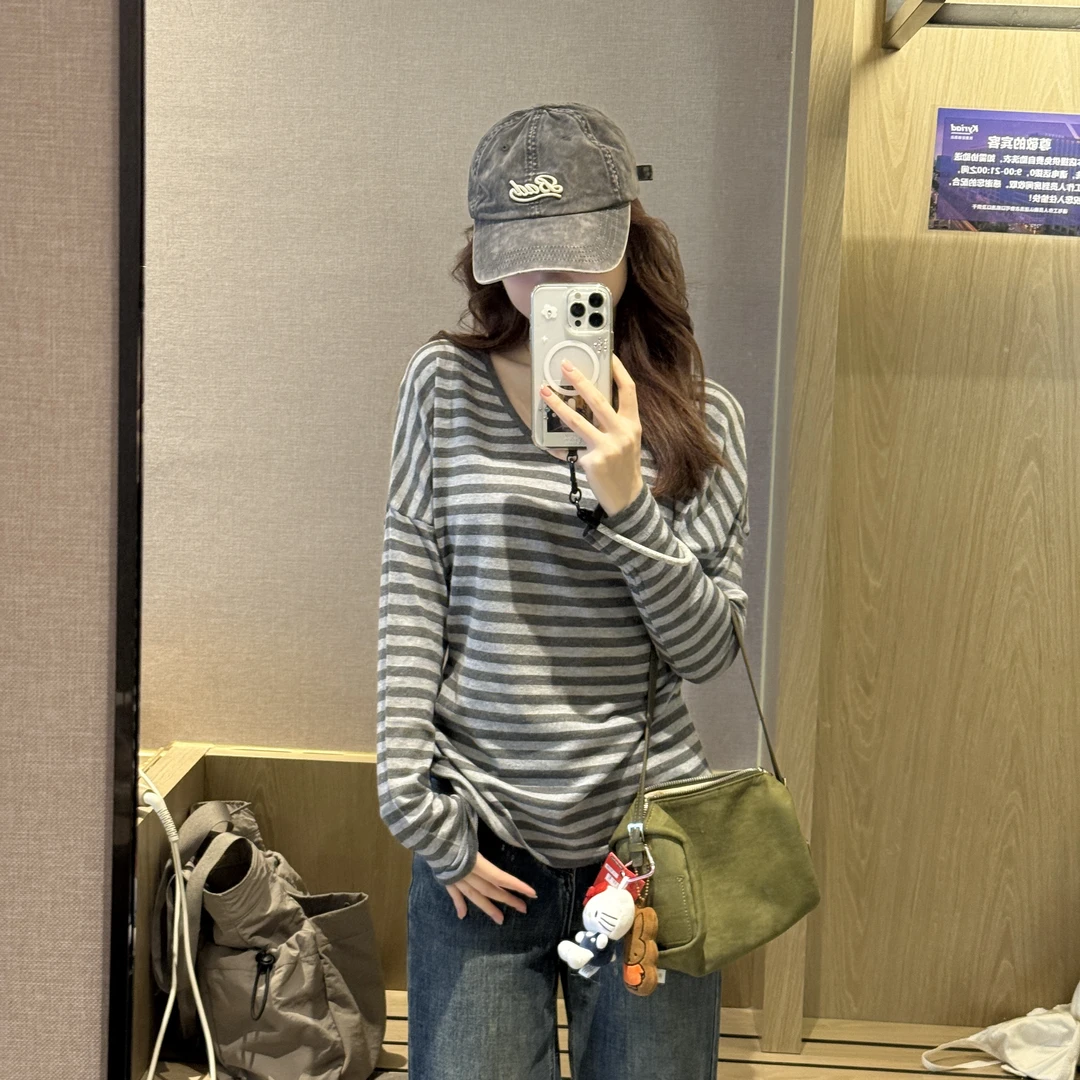 【羊陈通】*慵懒天菜*复古条纹V领长袖T恤女早秋宽松显瘦中长款上衣