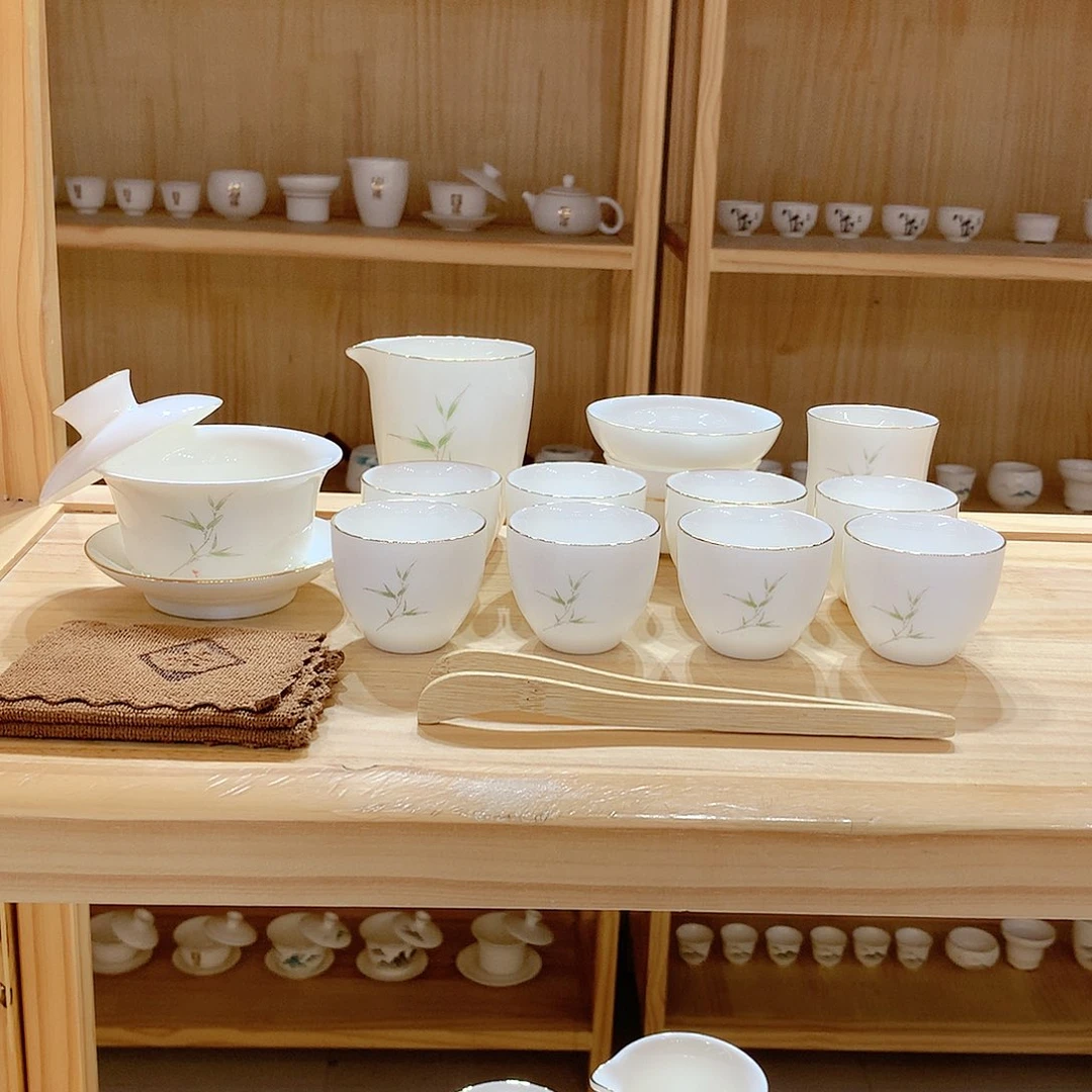 羊脂玉瓷竹报平安15件套功夫茶具