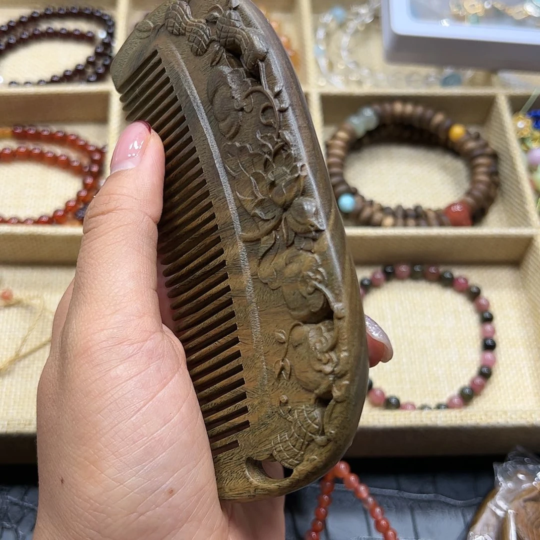 烟晶手链银S925镶嵌绿檀雕刻梳子