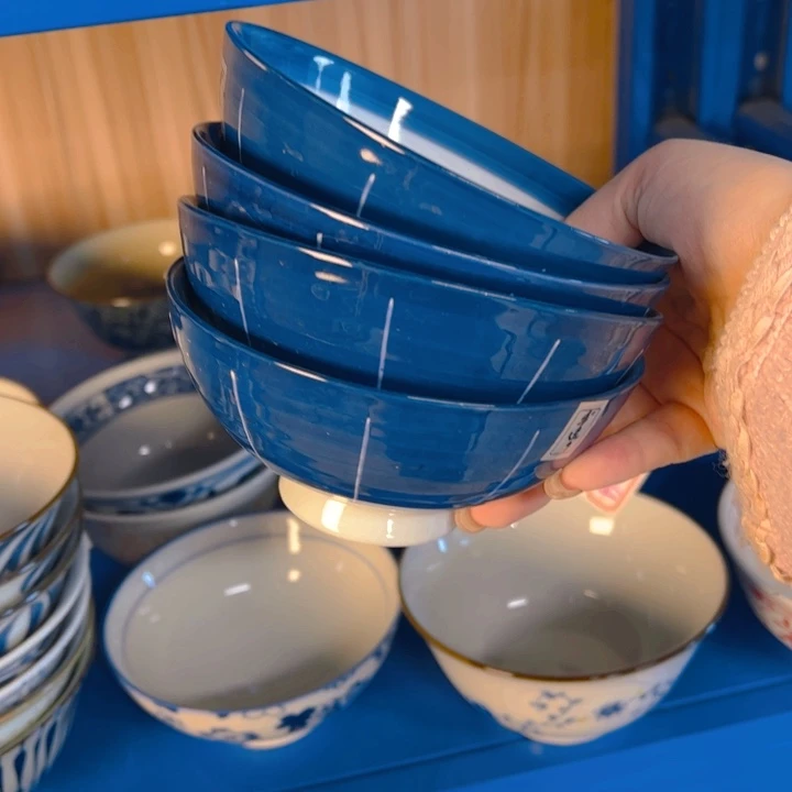 瓷5寸蓝色米饭碗4只