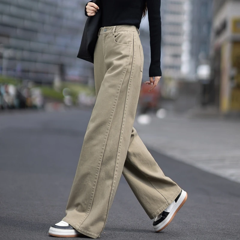 高腰牛仔裤女卡其色裤子女款爆款2025新款秋冬宽松阔腿裤直筒裤女