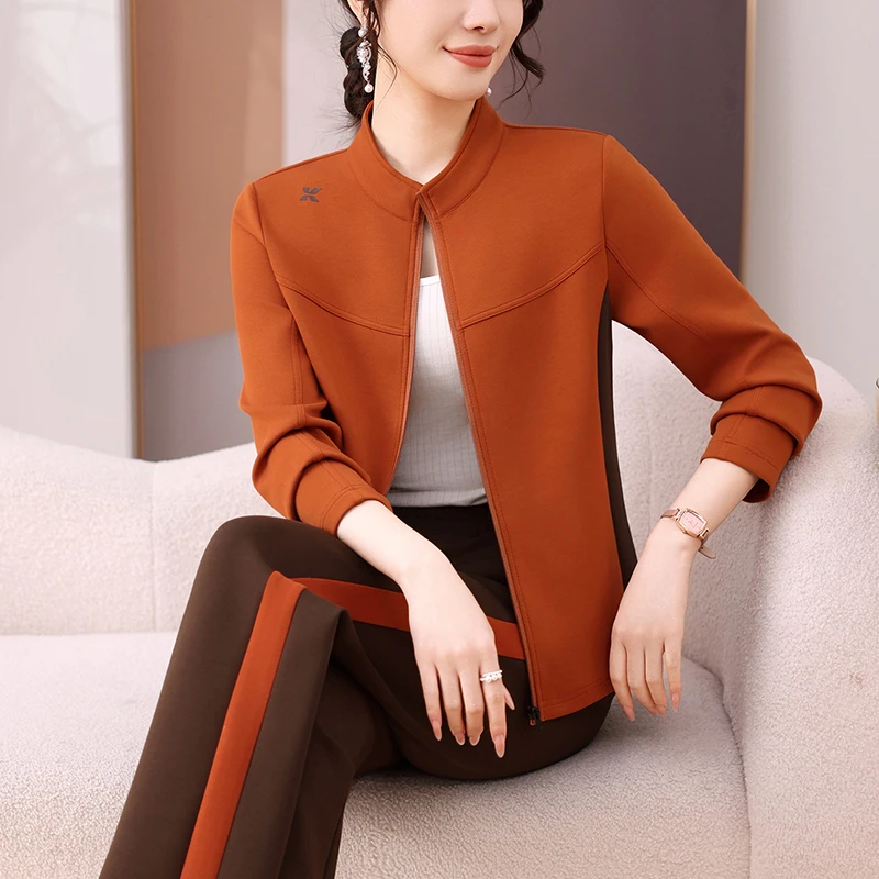 年轻妈妈运动服套装新款立领外套时尚中年女士春秋季休闲装两件套