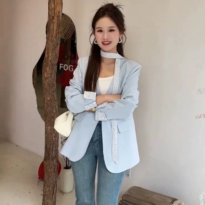 法式蕾丝袖口拼接V领外套女2025春款名媛气质通勤风百搭西装上衣