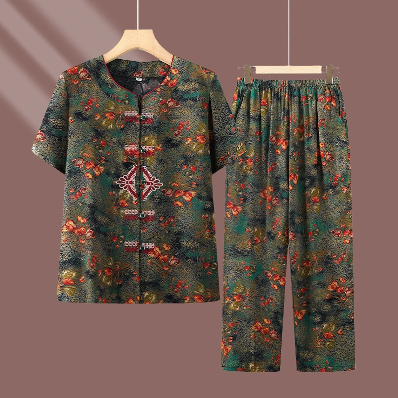 新款奶奶装短袖女装老年妈妈装夏季新款两件套大码宽松短袖套装