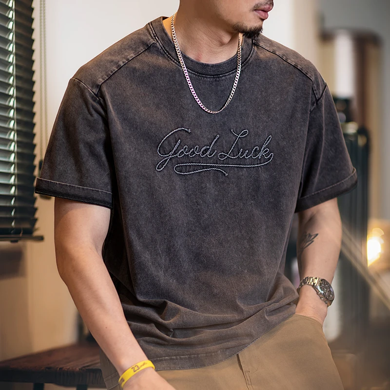 几何先生2025新款美式复古短袖男夏季做旧刺绣上衣宽松纯棉水洗T