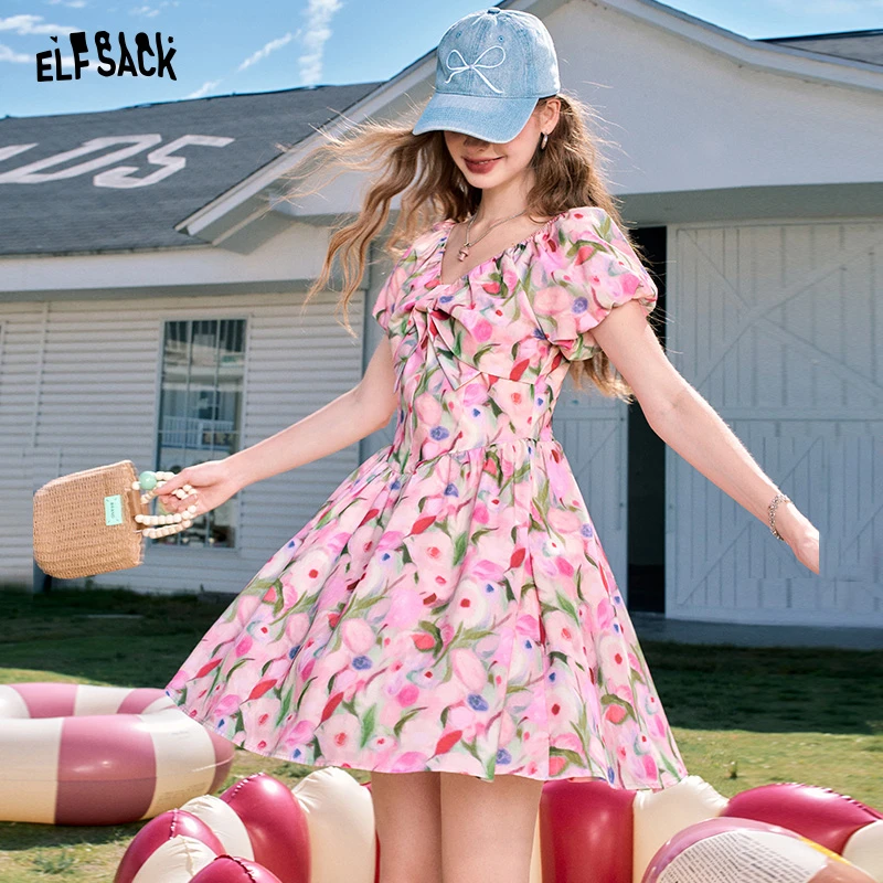 妖精的口袋莫奈花园风法式v领碎花连衣裙女2024夏款收腰显瘦气质