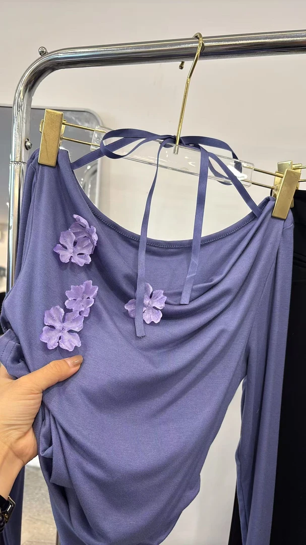 2025设计师款重工花朵上衣时尚百搭紫色