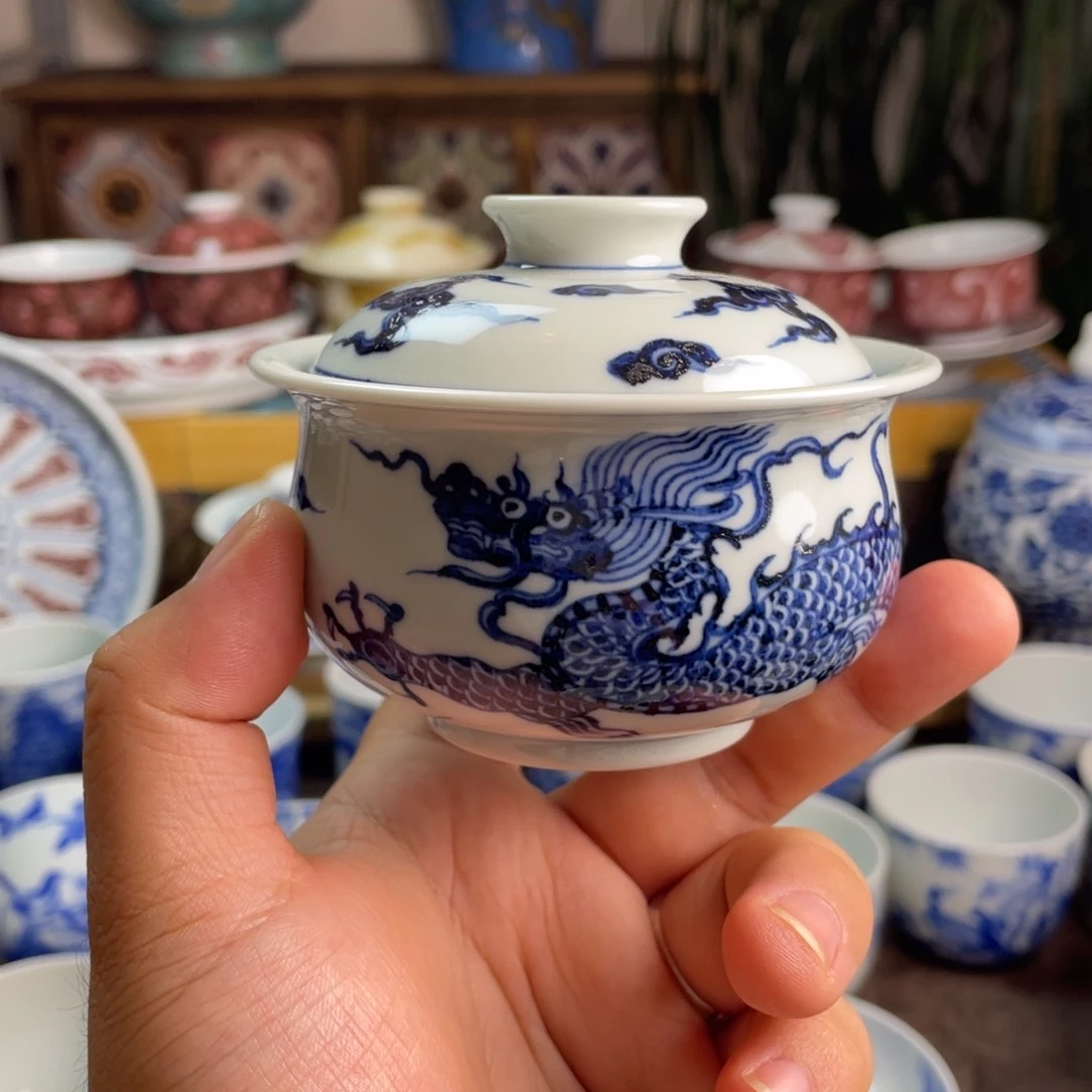 青花仿明霸王龙盖碗微瑕