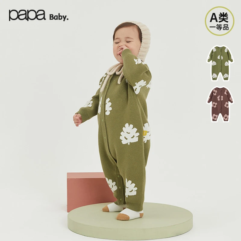 papa爬爬冬季宝宝连体衣婴儿衣服纯棉针织爬服哈衣