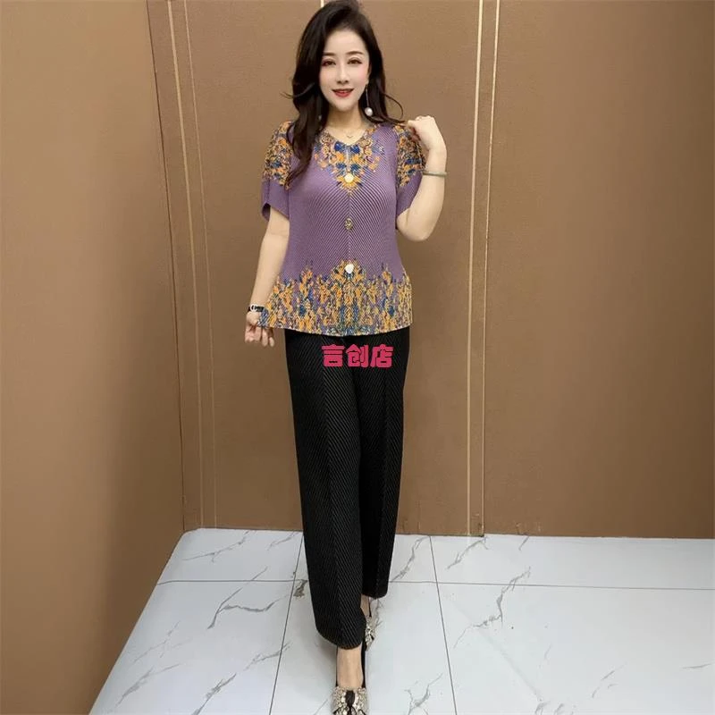 723爆款龙鳞纹夏季气质百搭显瘦褶皱设计感小众短袖妈妈印花上衣