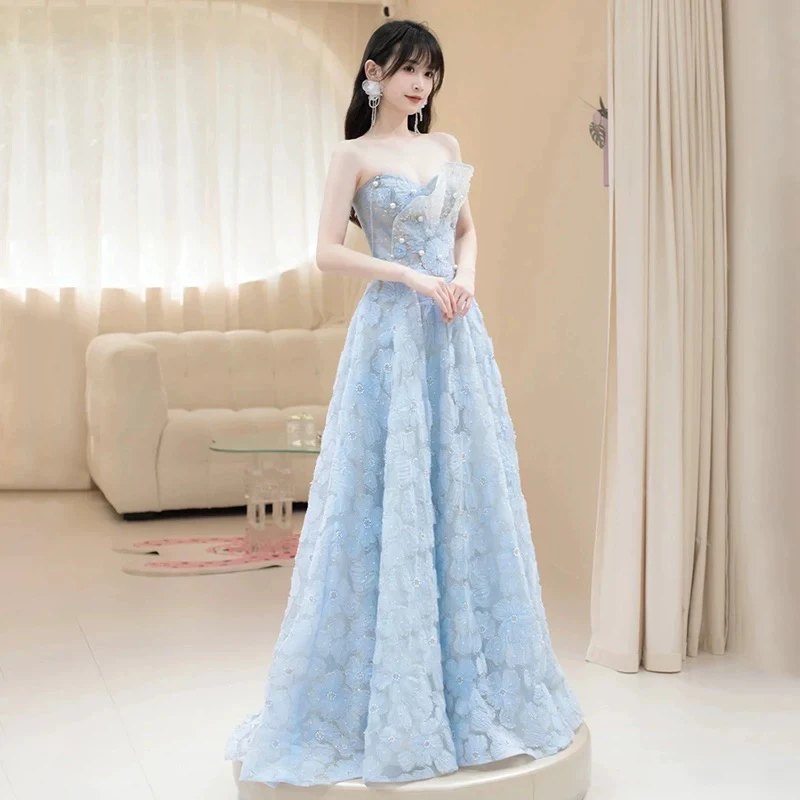 蓝色轻奢抹胸晚礼服高端小众敬酒服新娘结婚订婚连衣裙高级感长款