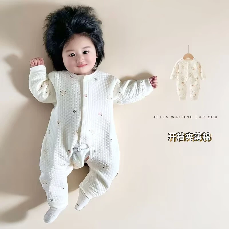 婴儿秋冬薄棉夹棉开档连体衣无骨新生儿衣服爬服宝宝哈衣连身衣