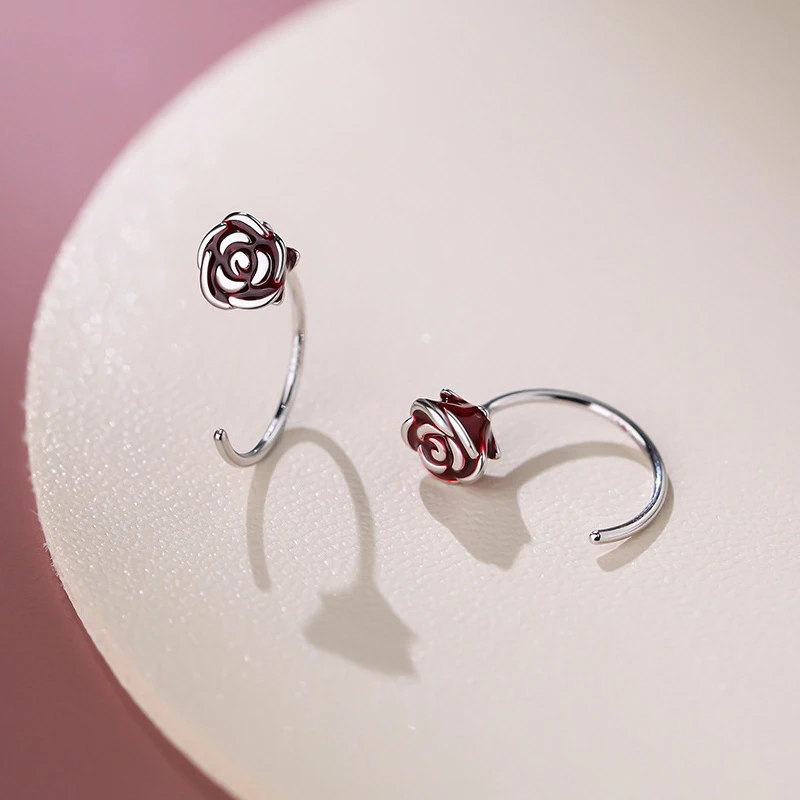 足银耳饰 S999足银玫瑰花耳钩女高级耳环圈养耳洞耳钉免摘耳饰品