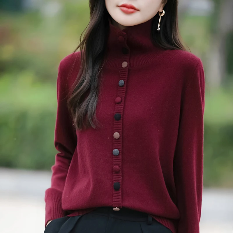【超软糯柔软安迪绒】加厚彩扣高翻领针织开衫外套秋冬女士气质外套