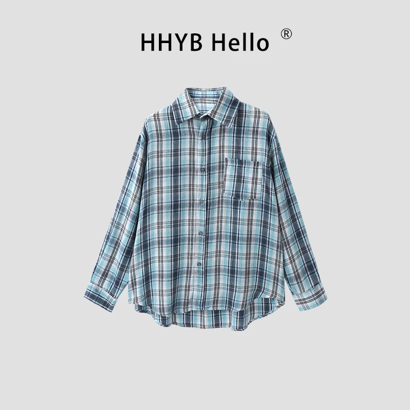 HHYB Hello2025新款复古格子宽松休闲百搭磨毛格纹衬衣外套252063