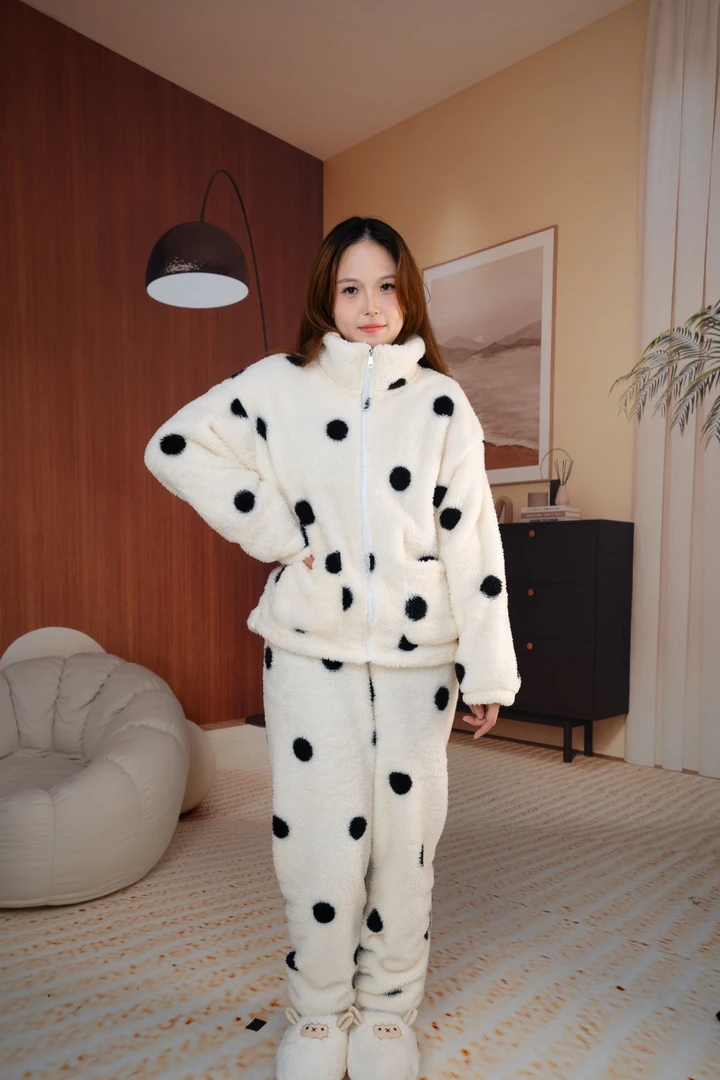 【高品质加绒加厚】情侣秋冬波点保暖宽松拉链家居套装可外穿套装