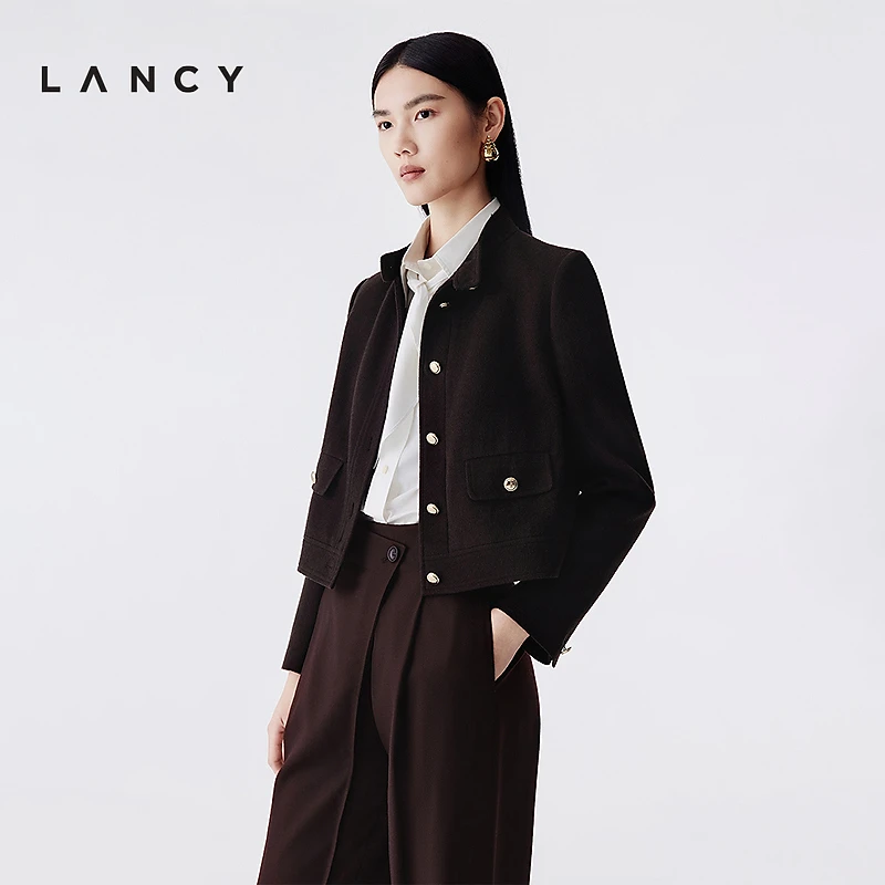 LANCY/朗姿2025冬新款高级感气质羊毛短外套正肩立领设计感上衣女