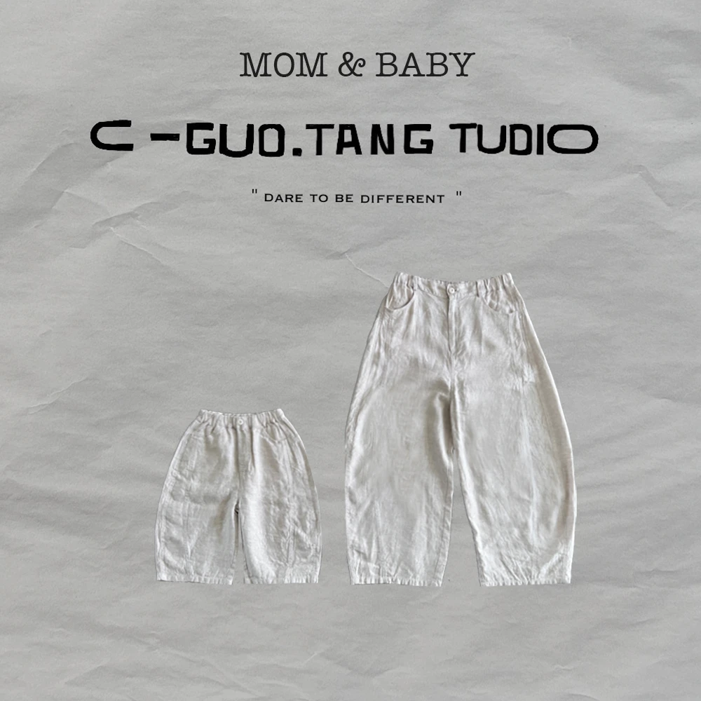 C-Guo.Tang Studio亲子高阶品质老钱范亚麻原色9分弯刀裤儿童麻裤
