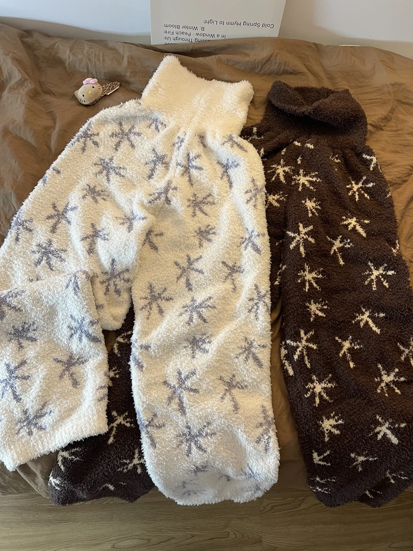 雪花印花半边绒保暖睡裤女秋季新款舒适宽松显瘦遮肉家居裤可外穿