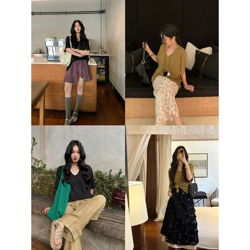 任小艺纯色肌理感v领短袖t恤女夏季新款慵懒上衣宽松时尚洋气体恤