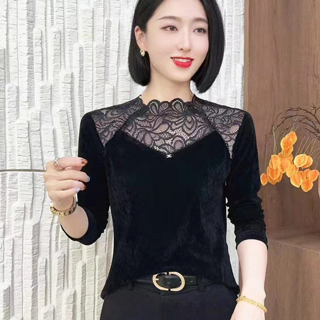 欧货秋装半高领蕾丝拼接丝绒打底衫女2025新款时尚内搭长袖T恤潮