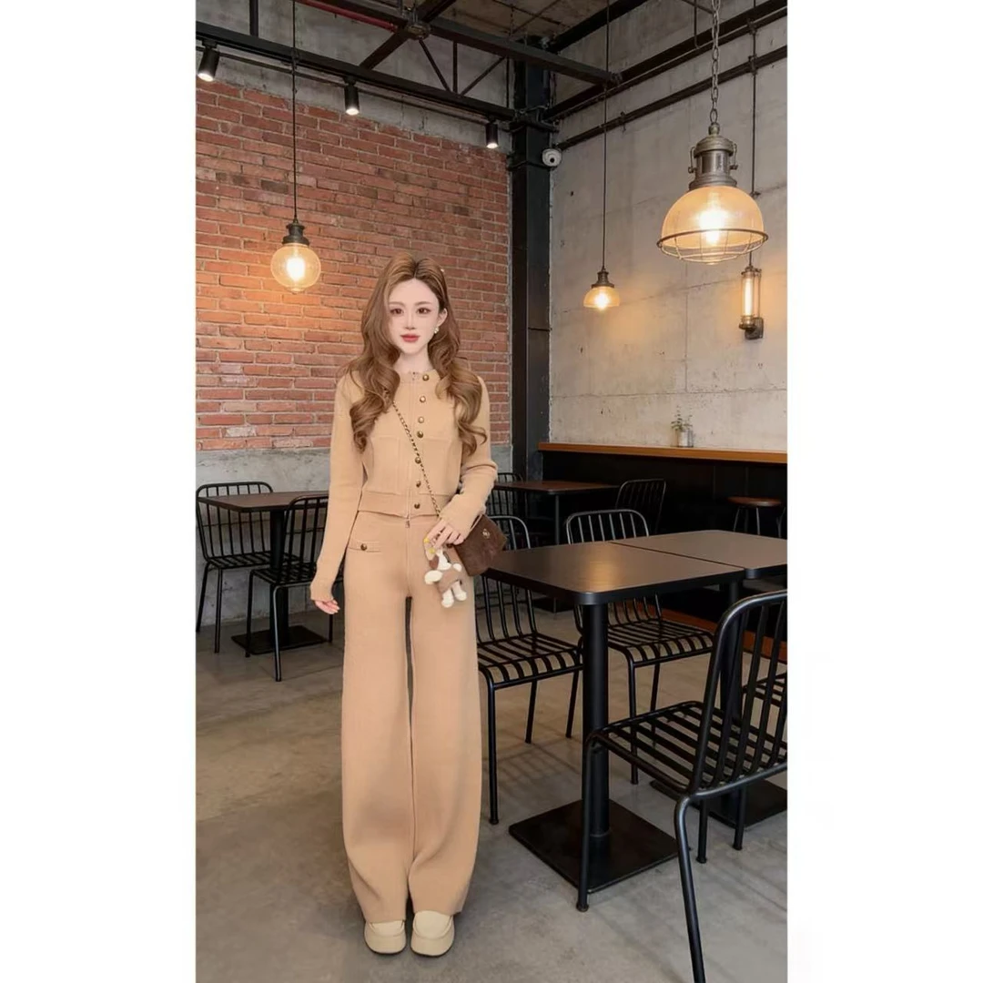 曼曼【香系千金~】韩版小香风毛衣外套针织阔腿裤两件套装251216#