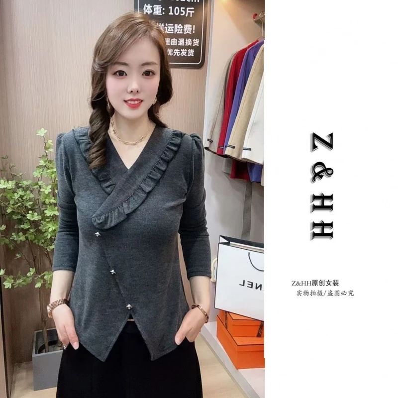 不规则t恤女2025春季新款黑色长袖打底衫法式小众交叉V领上衣