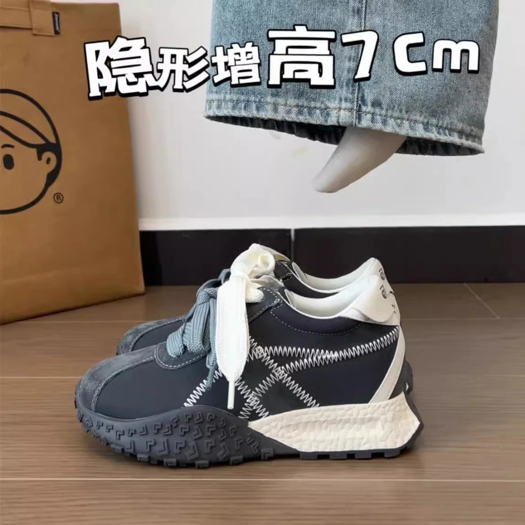 7CM内增高女鞋真皮厚底德训鞋2025春秋款双鞋带阿甘鞋休闲运动鞋