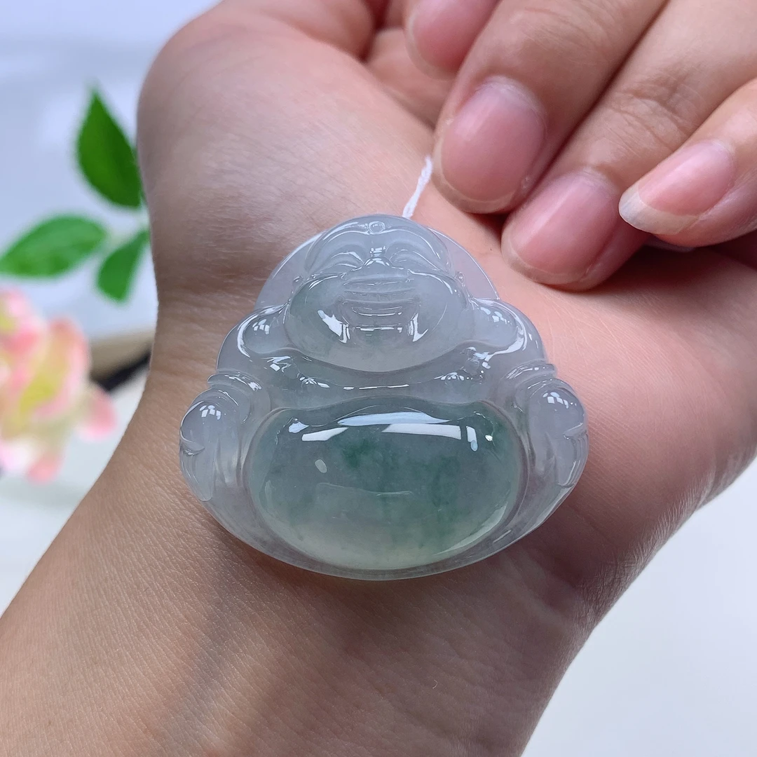 老坑老料缅甸天然翡翠A货花色灵动佛公挂件精美冰透水润百搭女款