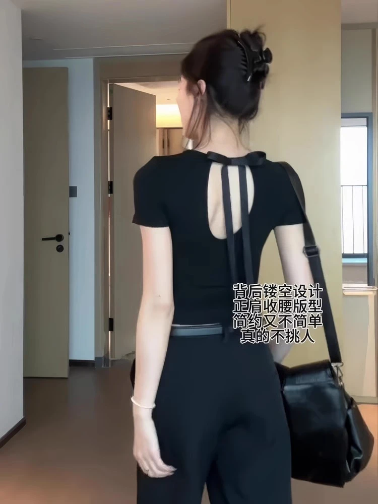 后背镂空设计感小众短袖T恤女2025新款夏季辣妹修身蝴蝶系带上衣