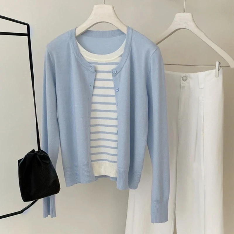 【现货】南油高货~温柔撞色拼接假两件针织开衫女2025春季上衣潮