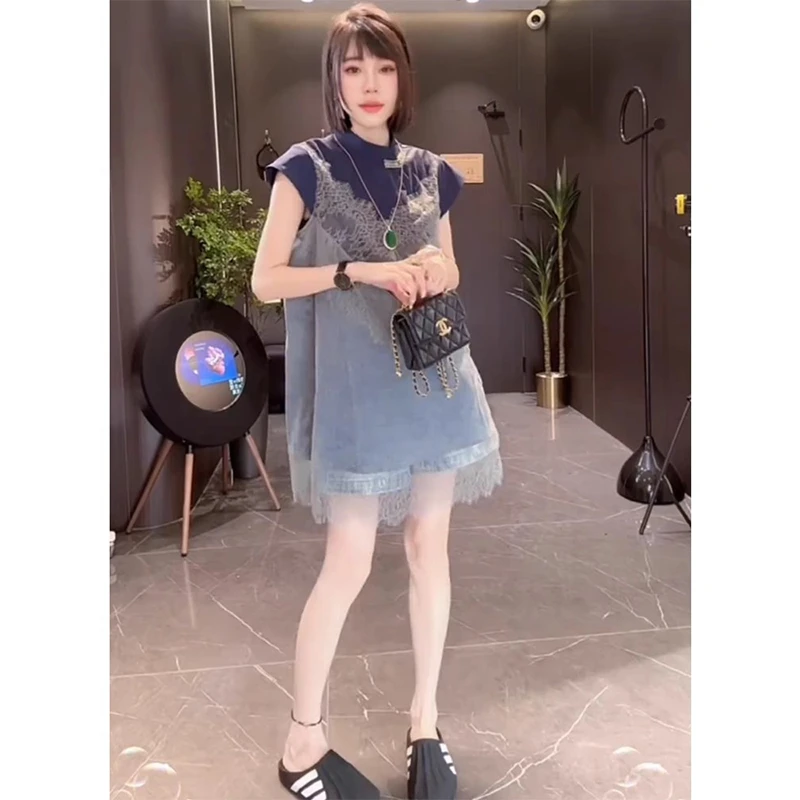 小众设计款拼接蕾丝立领连衣裙2025夏季新款洋气休闲减龄短裙潮